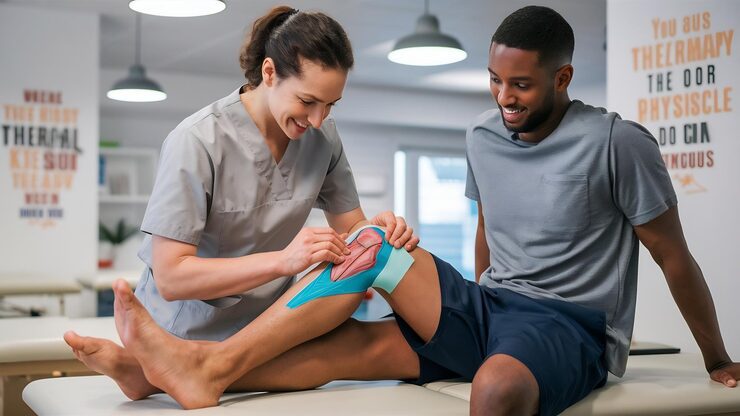 A female chiropractor applies blue kinesiology tape to a male patient's knee during a physical therapy session.